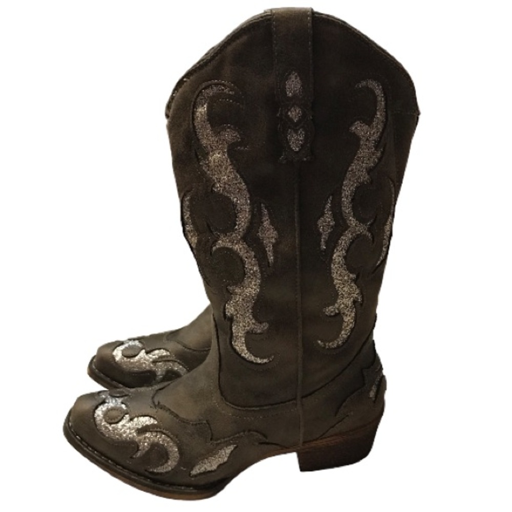 NEW PIERRE DUMAS KAYLEE VEGAN FAUX LEATHER SILVER GLITTER COWBOY BOOTS SIZE 7.5